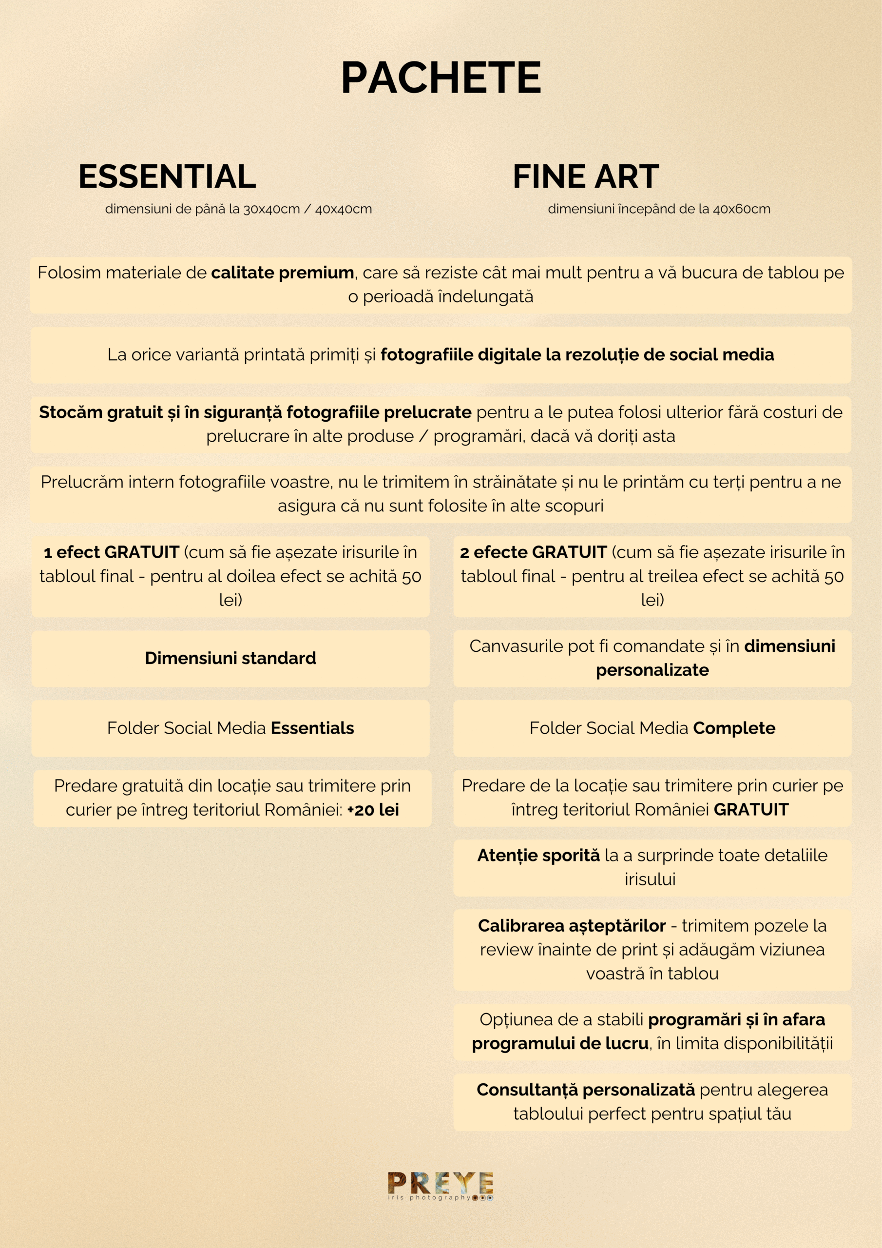 Comparativ pachete PREYE: beneficii incluse în Essential vs Fine Art Tabel comparativ între pachetul Essential și pachetul Fine Art de la PREYE. Sunt evidențiate diferențele privind dimensiunile disponibile, numărul de efecte gratuite incluse, livrarea, calitatea prelucrării fotografiilor irisului, opțiunile de consultanță personalizată, calibrarea imaginii și flexibilitatea programărilor. Conținut informativ pentru clienții care aleg tablouri personalizate de la PREYE fotografie de iris.