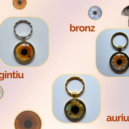 Breloc cu fotografie de iris PREYE disponibil in trei culori de montura: argintiu, bronz si auriu