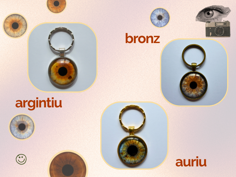 Breloc cu fotografie de iris PREYE disponibil in trei culori de montura: argintiu, bronz si auriu