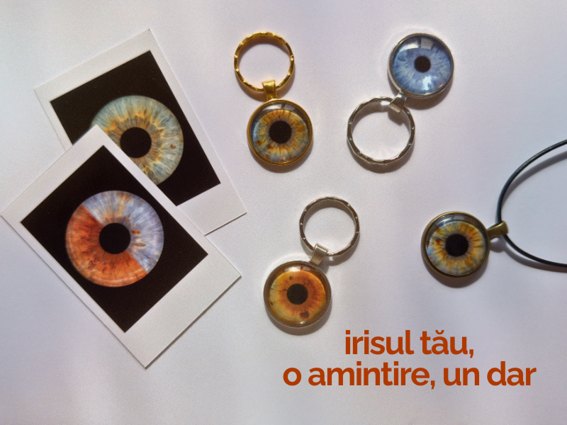 Colectie bijuterii cu iris PREYE - brelocuri in trei culori, pandantiv pe snur negru si printuri foto iris personalizate