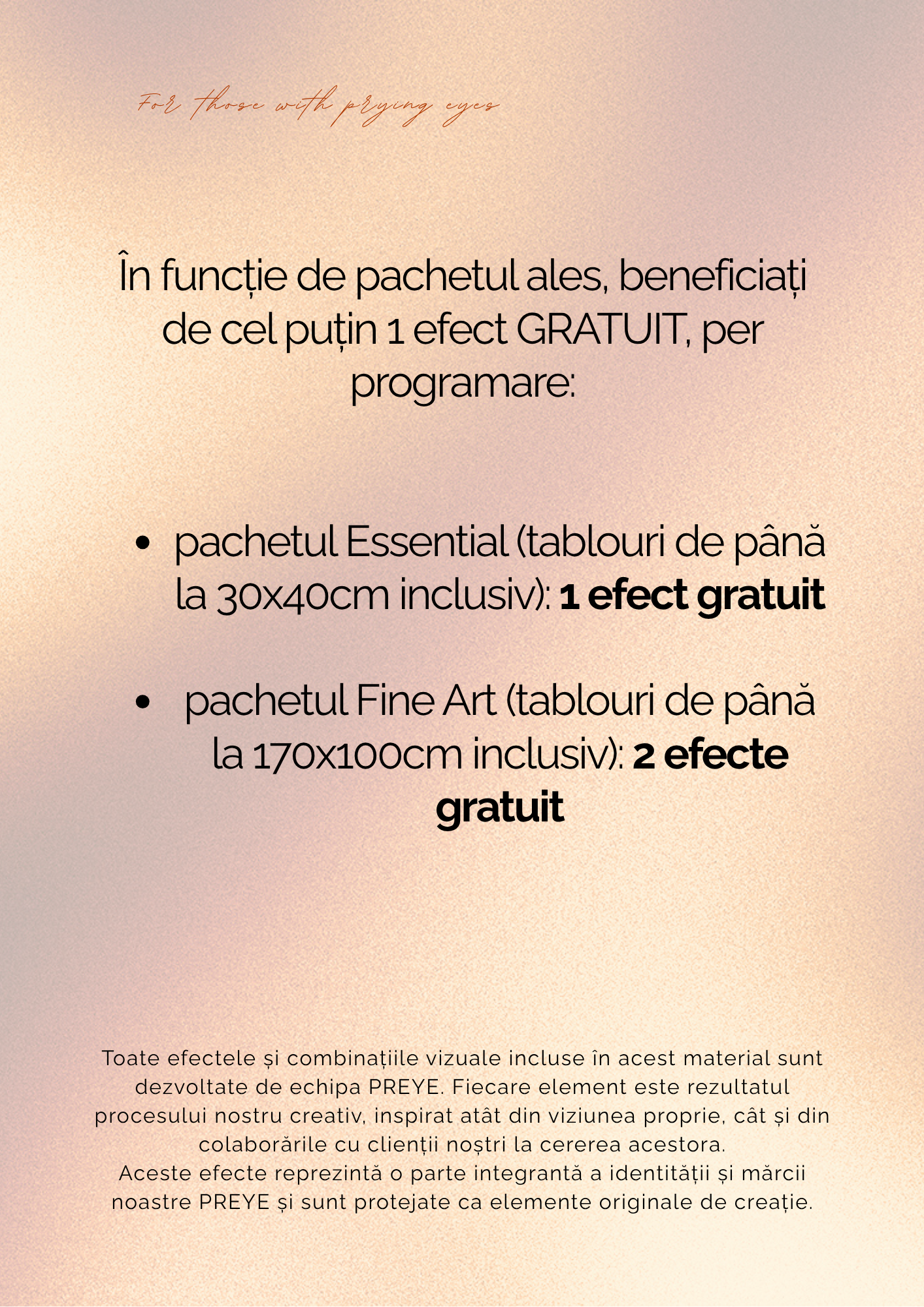 Detalii despre pachetele PREYE: Essential și Fine Art cu efecte vizuale gratuite incluse pentru fotografii de iris personalizate; PREYE: pachete foto cu tablouri de iris și efecte creative gratuite incluse în ofertă