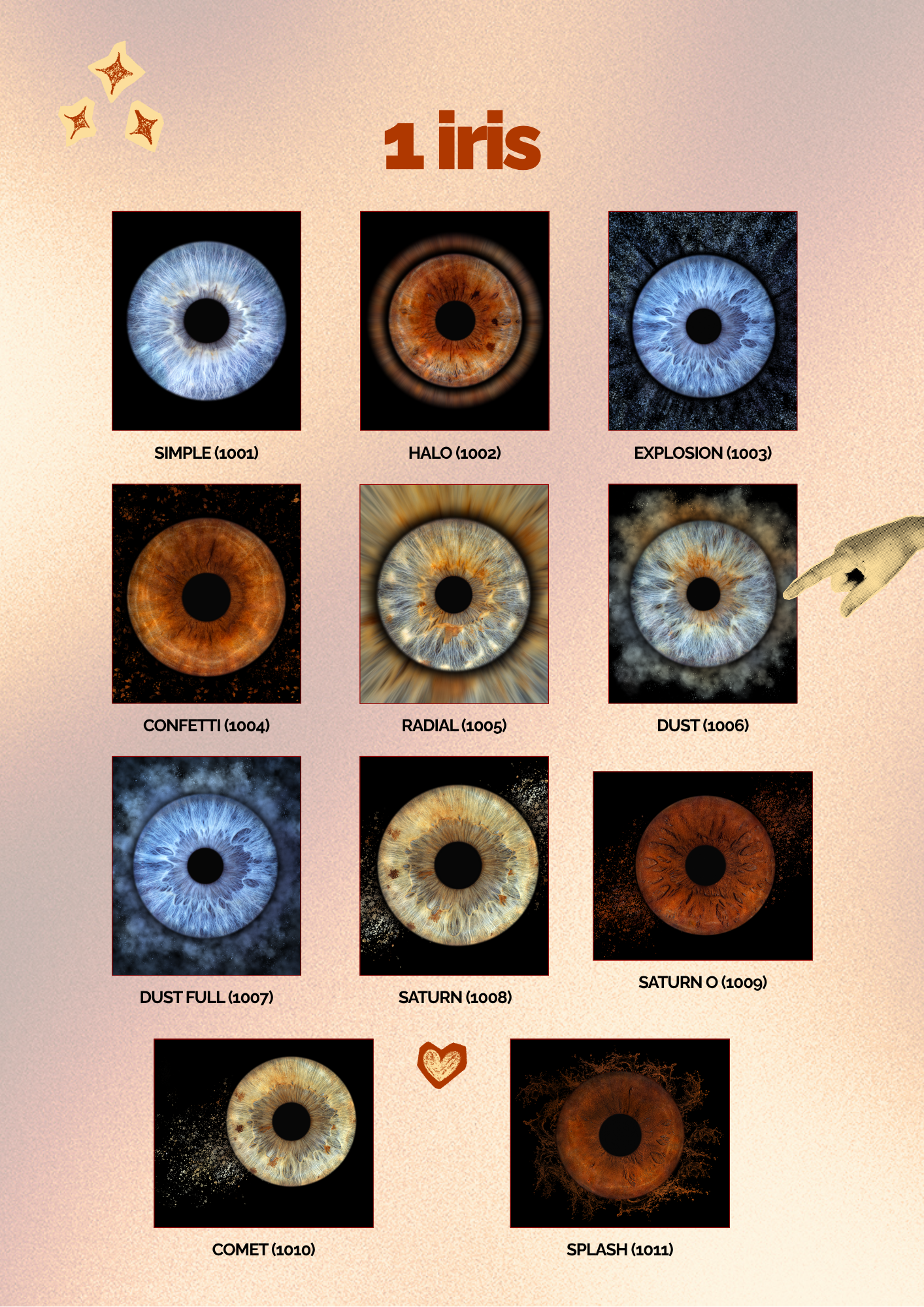 Galerie cu efecte vizuale artistice pentru iris: modele disponibile pentru tablourile foto PREYE (1 iris); Efecte vizuale PREYE aplicabile pe un singur iris, exemple de personalizare pentru tablouri de artă cu iris: SIMPLE, HALO, EXPLOSION, CONFETTI, RADIAL, DUST, DUST FULL, SATURN, SATURN O, COMET, SPLASH; Catalog de efecte PREYE, cum poate arăta un iris prelucrat artistic în printuri personalizate