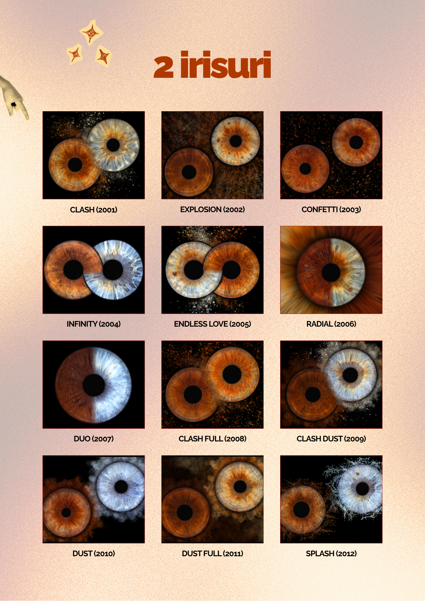 Catalog PREYE cu efecte artistice pentru două irisuri: exemple de personalizare pentru tablouri de cuplu: CLASH, EXPLOSION, CONFETTI, INFINITY, ENDLESS LOVE, RADIAL, DUO, DUST, SPLASH și altele; Pagina din catalogul PREYE: efecte speciale pentru tablouri cu 2 irisuri, artă personalizată pentru cupluri; Galerie efecte pentru tablouri cu 2 irisuri, tablouri cuplu PREYE