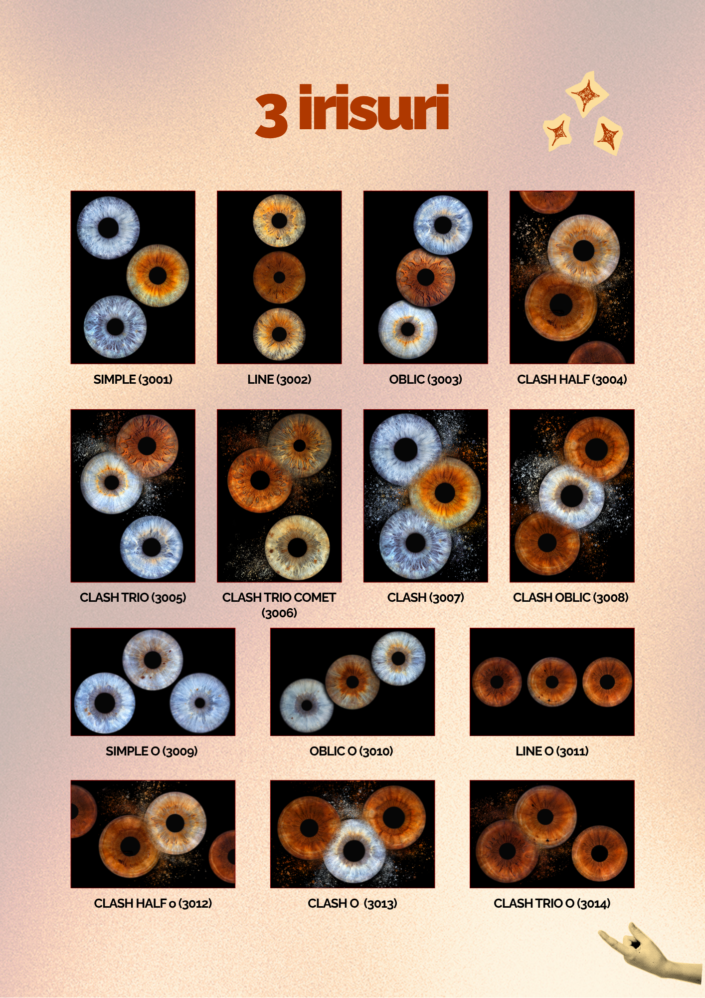 Efecte vizuale PREYE pentru 3 irisuri: compoziții artistice și personalizate pentru familie Galerie PREYE cu efecte pentru tablouri realizate din 3 irisuri: stiluri clasice (Simple, Line, Oblic), efecte complexe precum Clash Trio, Comet, sau Oblic O. Opțiuni ideale pentru familii, frați, părinți și copii sau 3 persoane apropiate. Fiecare efect a fost creat special pentru a păstra legătura dintre toți, într-o singură compoziție artistică.