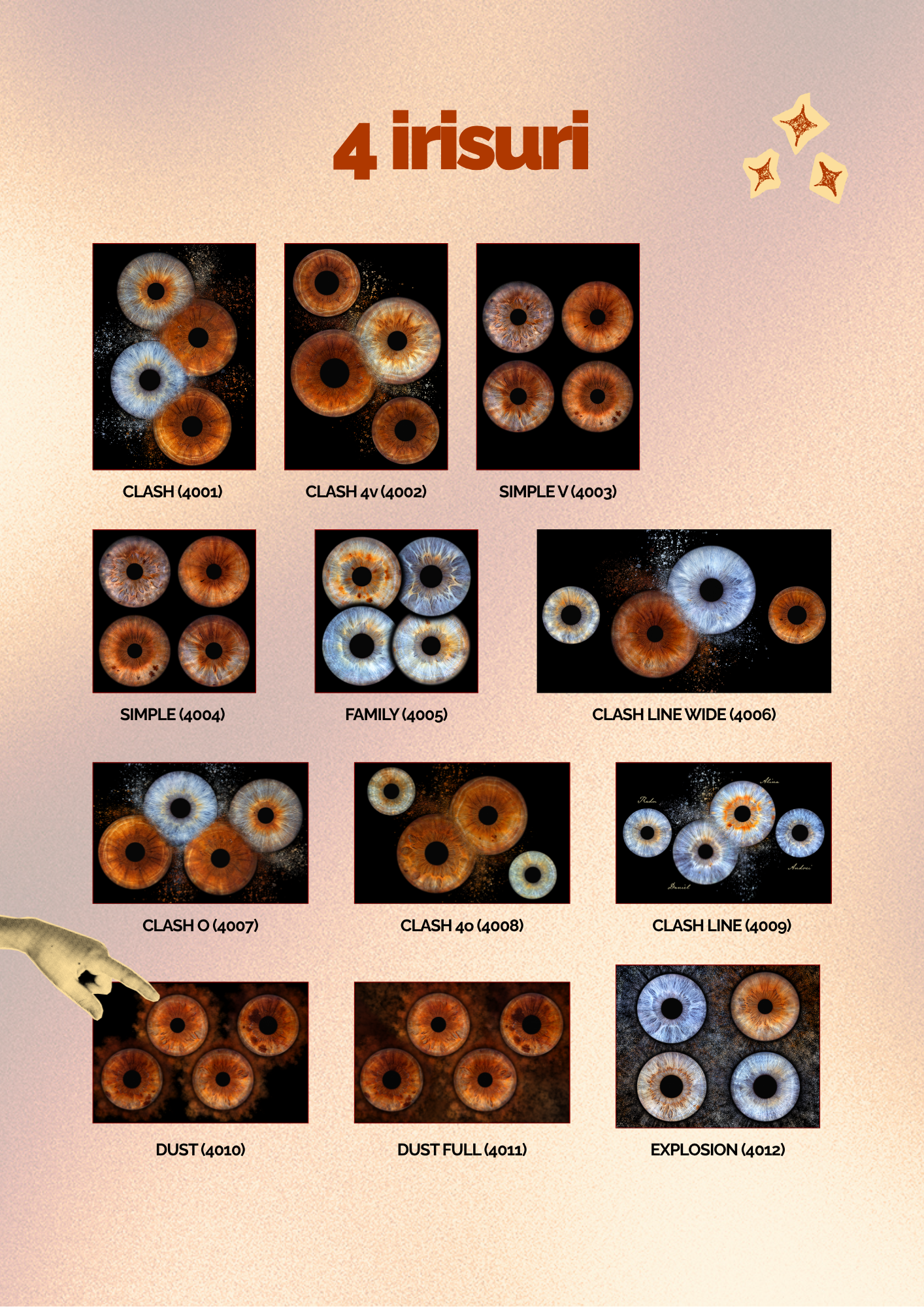 Efecte PREYE pentru 4 irisuri, compoziții vizuale pentru familii extinse, generații sau grupuri Catalog PREYE cu efecte vizuale artistice aplicate pe 4 irisuri, ideale pentru familii mari, bunici + părinți + copii, grupuri sau frați. Compoziții diverse, de la așezări în linie (CLASH LINE, SIMPLE V), până la formate circulare sau verticale. Stiluri unice: CLASH, DUST, EXPLOSION, FAMILY cu detalii personalizate și cromatici dezvoltate intern de echipa PREYE.