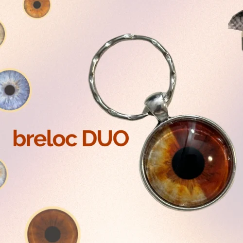 Bijuterie iris DUO PREYE cu fotografie macro de ochi căprui în breloc cu montura argintie