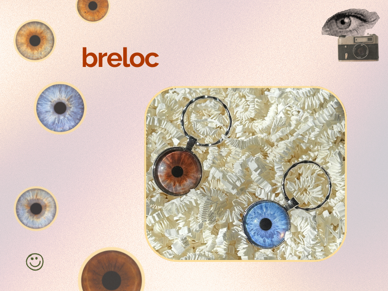 Două brelocuri cu iris PREYE - variante ochi căprui și albastru pe fundal decorativ