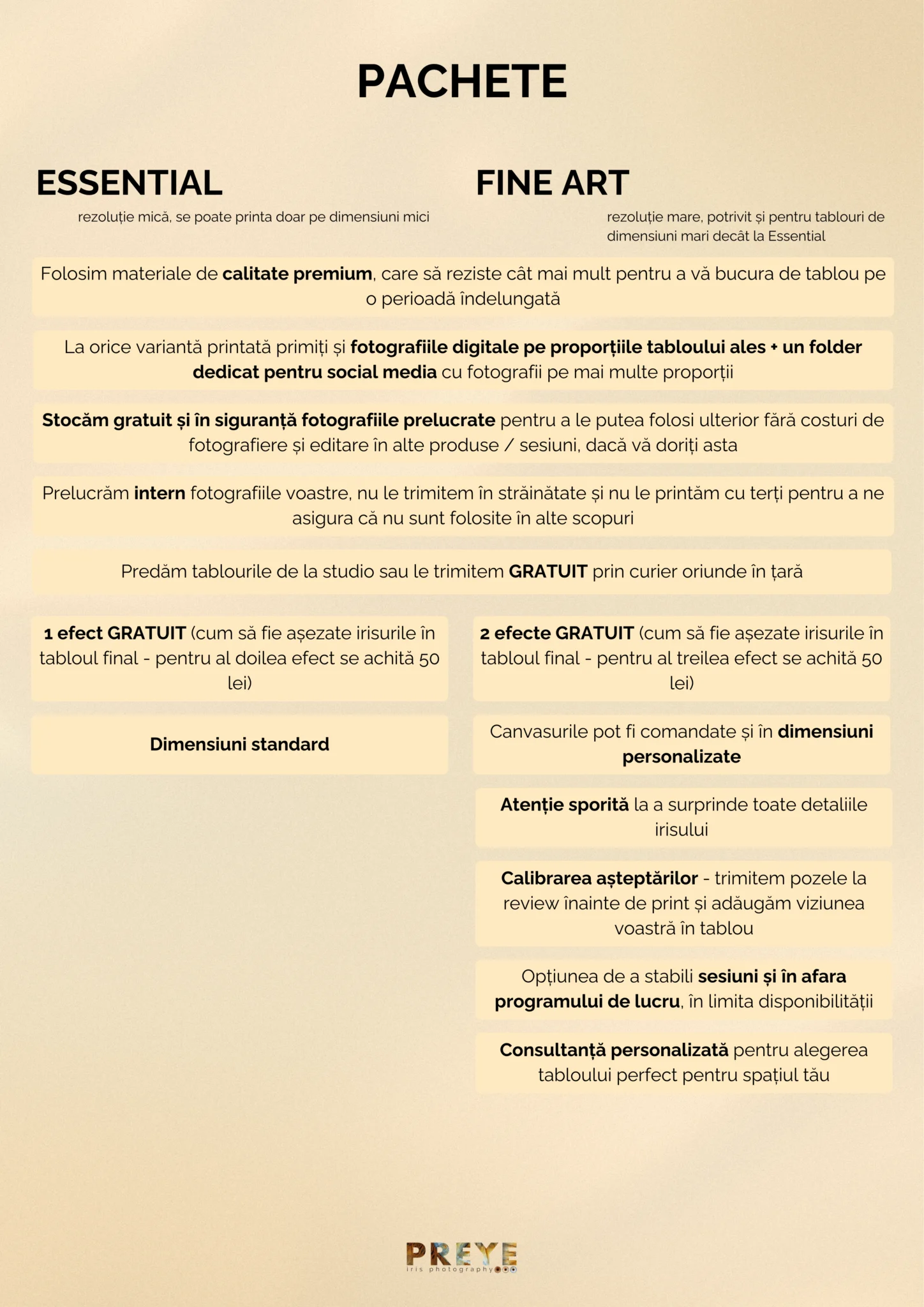Comparație pachete PREYE Essential versus Fine Art - diferențe calitate, efecte incluse, dimensiuni și beneficii