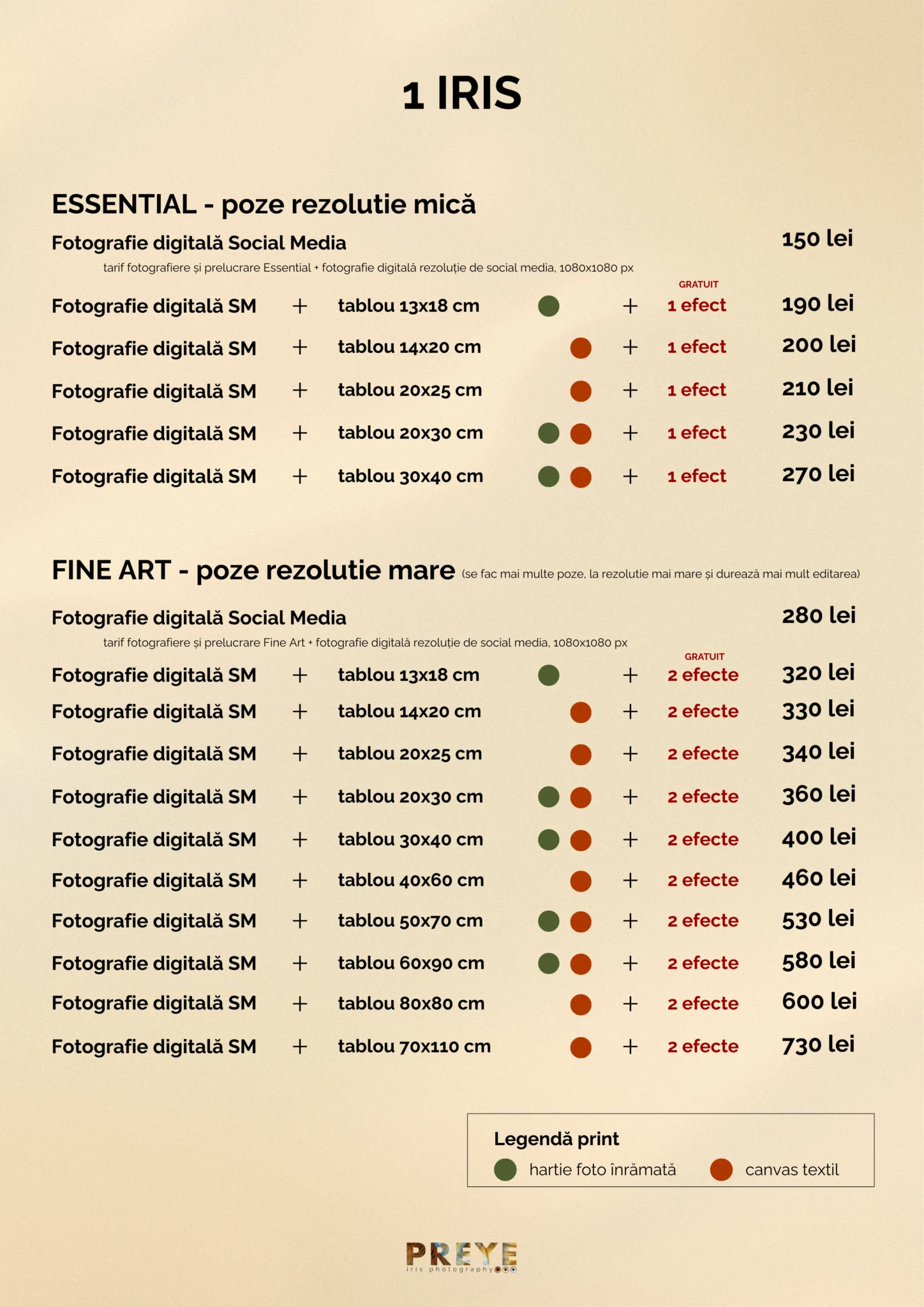 Prețuri fotografie iris PREYE pentru 1 iris - pachete Essential de la 150 lei și Fine Art de la 280 lei cu tablou și efecte incluse