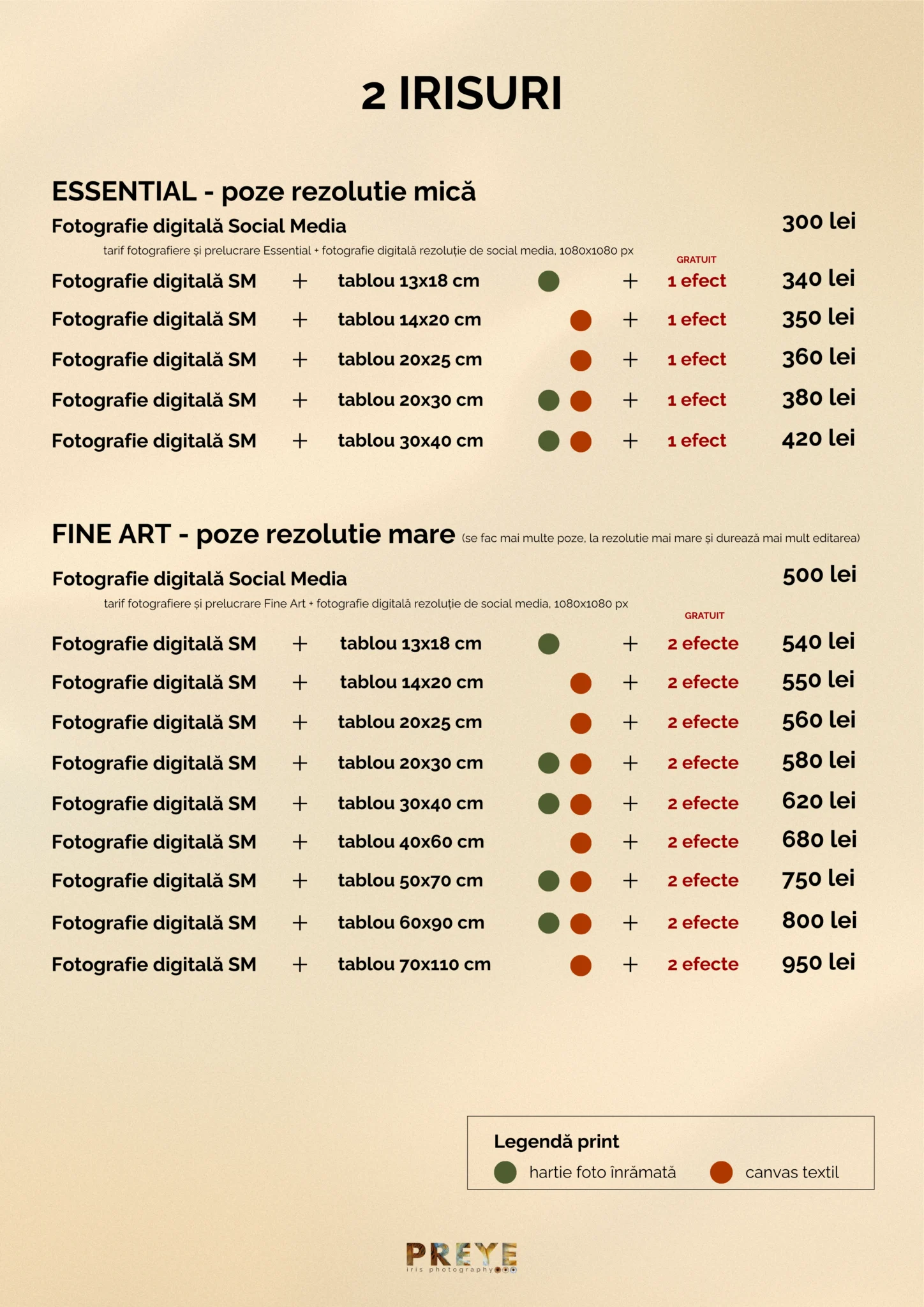 Prețuri fotografie iris PREYE pentru 2 irisuri - pachete Essential de la 300 lei și Fine Art de la 500 lei cu tablou și efecte incluse
