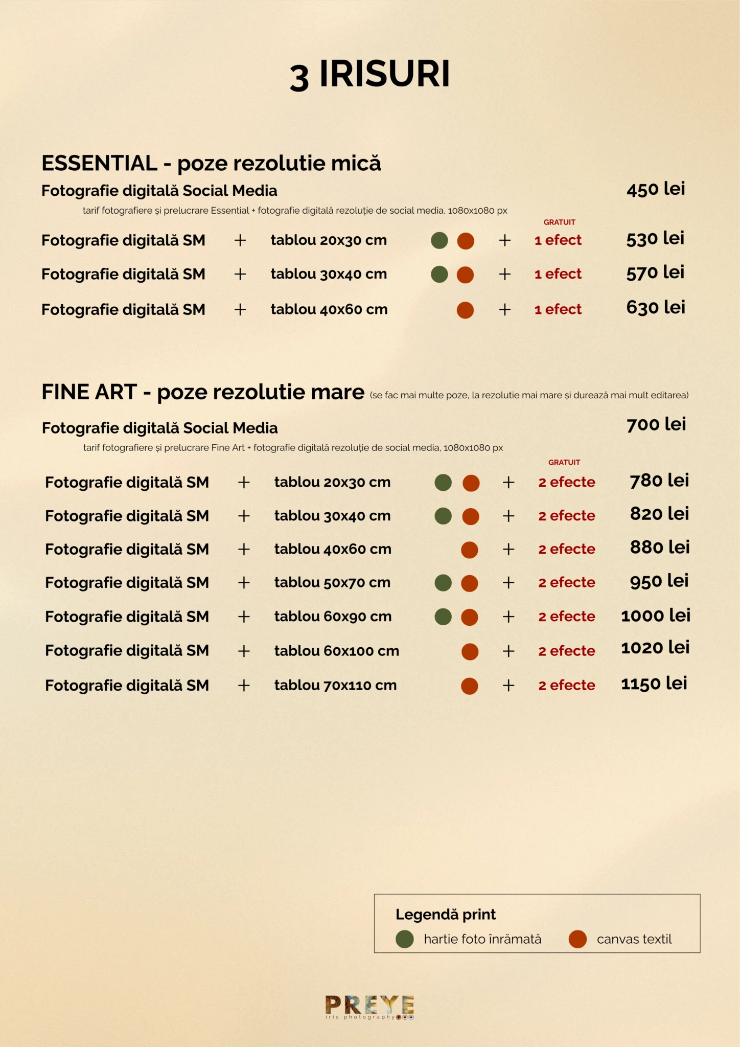Prețuri fotografie iris PREYE pentru 3 irisuri - pachete Essential de la 450 lei și Fine Art de la 700 lei cu tablou și efecte incluse