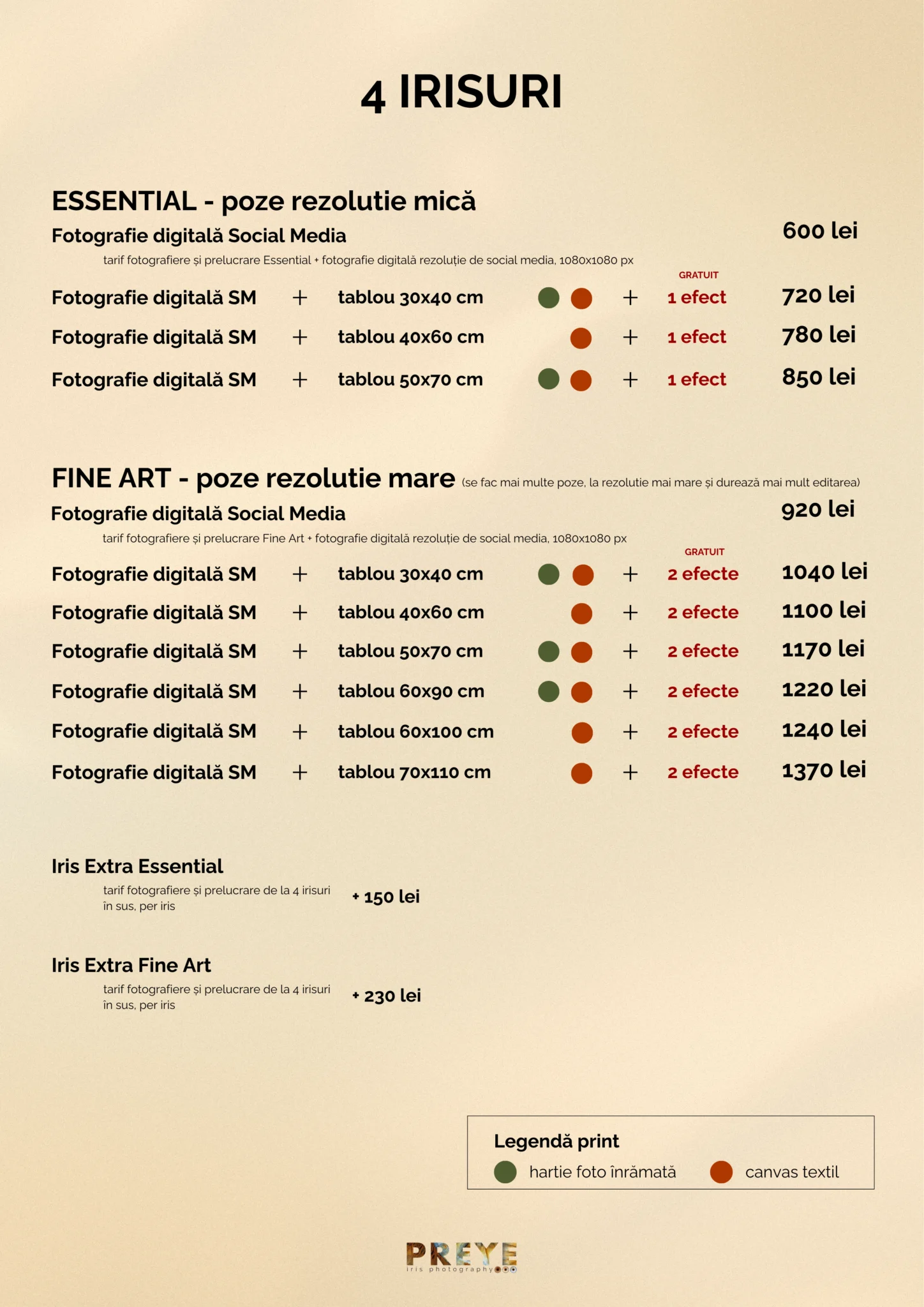 Prețuri fotografie iris PREYE pentru 4 irisuri - pachete Essential de la 600 lei și Fine Art de la 920 lei plus opțiuni iris extra